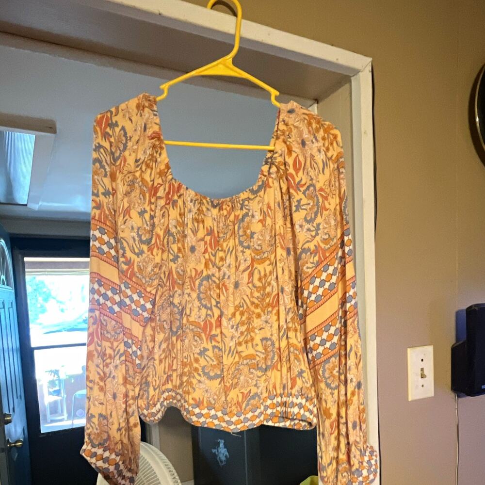 Rachel Zoe Women's M Blouse Beige/Orange/Blue Floral Smocked Square Neck Puff